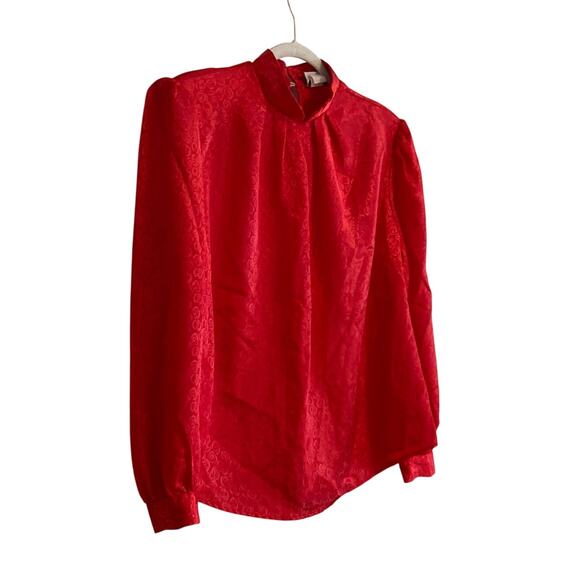 Vintage 70s Red Satin Roses Floral Shimmering Bishop Sleeve Blouse Size large - Picture 3 of 16